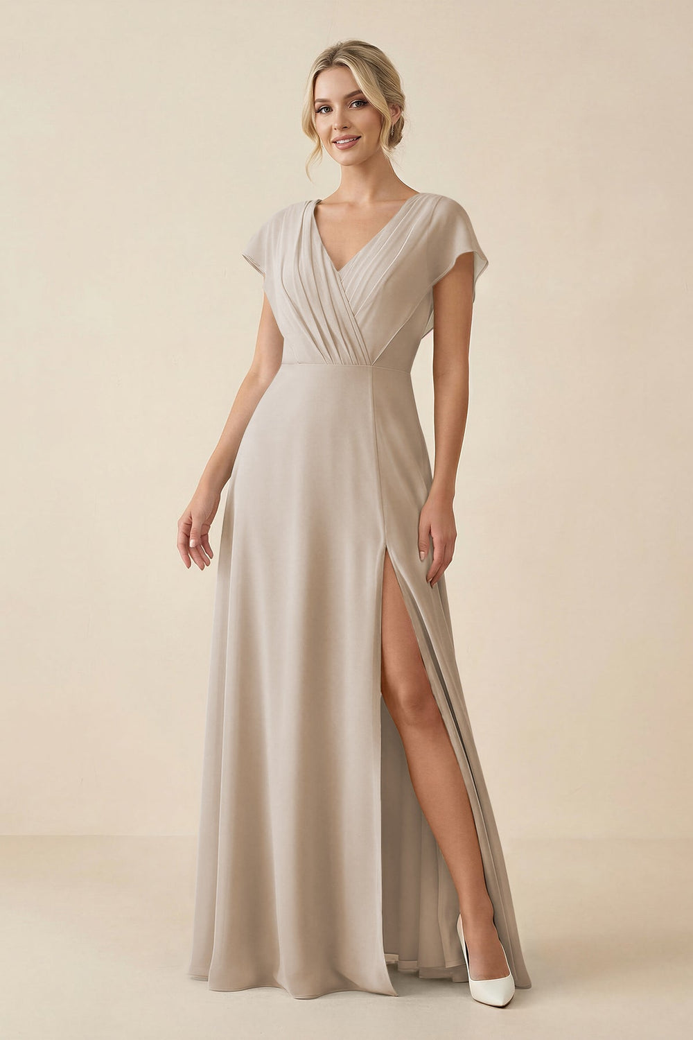 V - Neck Cap Sleeve Chiffon Bridesmaid Dress with Cut - out Back in Frost - KissProm Bridesmaid Dresses