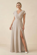 V - Neck Cap Sleeve Chiffon Bridesmaid Dress with Cut - out Back in Frost - KissProm Bridesmaid Dresses