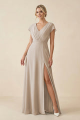 V - Neck Cap Sleeve Chiffon Bridesmaid Dress with Cut - out Back in Frost - KissProm Bridesmaid Dresses