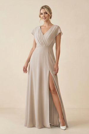 V - Neck Cap Sleeve Chiffon Bridesmaid Dress with Cut - out Back in Frost - KissProm Bridesmaid Dresses