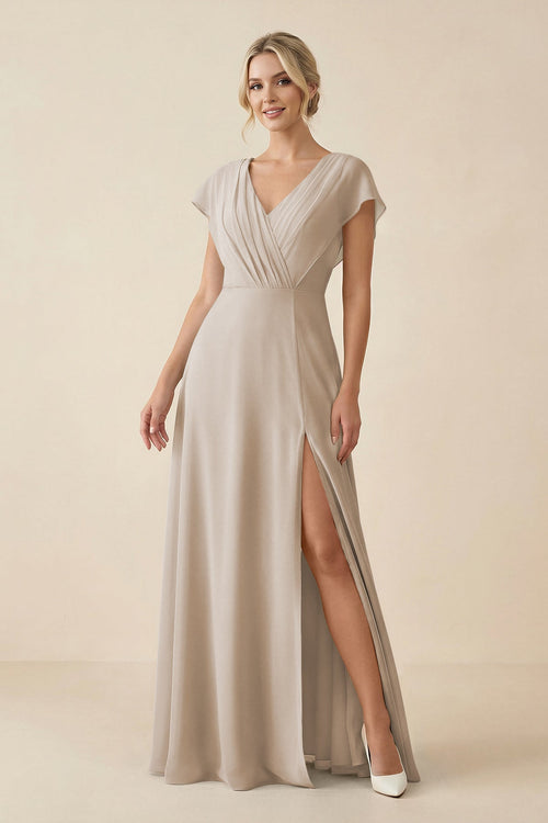 V - Neck Cap Sleeve Chiffon Bridesmaid Dress with Cut - out Back in Frost - KissProm Bridesmaid Dresses
