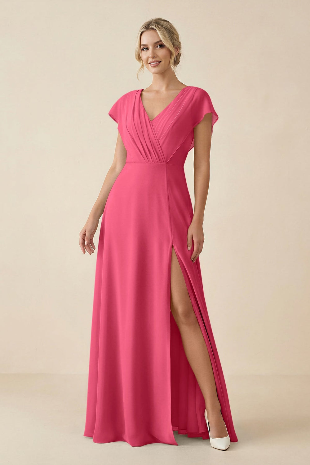 V - Neck Cap Sleeve Chiffon Bridesmaid Dress with Cut - out Back in Fuchsia - KissProm Bridesmaid Dresses