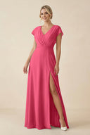 V - Neck Cap Sleeve Chiffon Bridesmaid Dress with Cut - out Back in Fuchsia - KissProm Bridesmaid Dresses