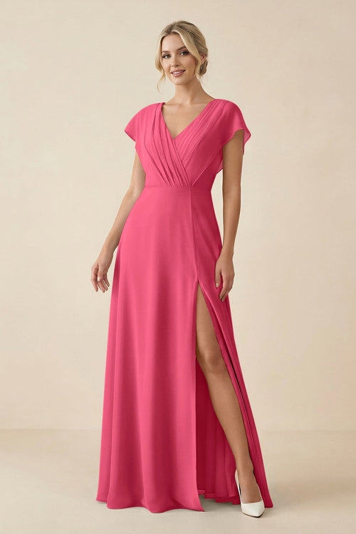 V - Neck Cap Sleeve Chiffon Bridesmaid Dress with Cut - out Back in Fuchsia - KissProm Bridesmaid Dresses