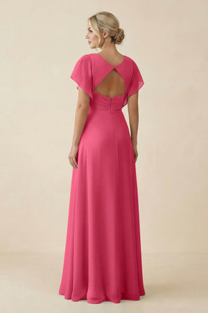 V - Neck Cap Sleeve Chiffon Bridesmaid Dress with Cut - out Back in Fuchsia - KissProm Bridesmaid Dresses