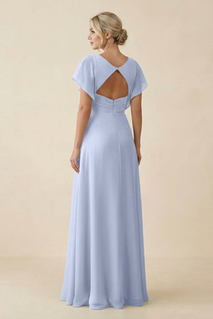 V - Neck Cap Sleeve Chiffon Bridesmaid Dress with Cut - out Back in Ice - KissProm Bridesmaid Dresses