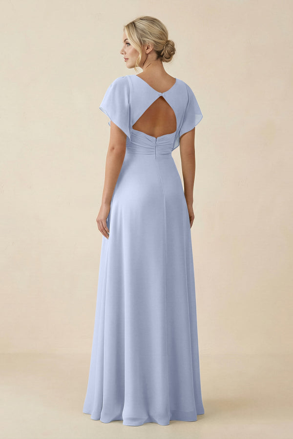 V - Neck Cap Sleeve Chiffon Bridesmaid Dress with Cut - out Back in Ice - KissProm Bridesmaid Dresses