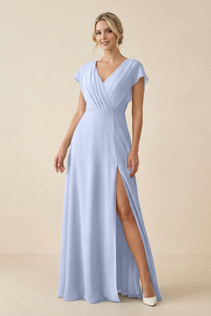 V - Neck Cap Sleeve Chiffon Bridesmaid Dress with Cut - out Back in Ice - KissProm Bridesmaid Dresses