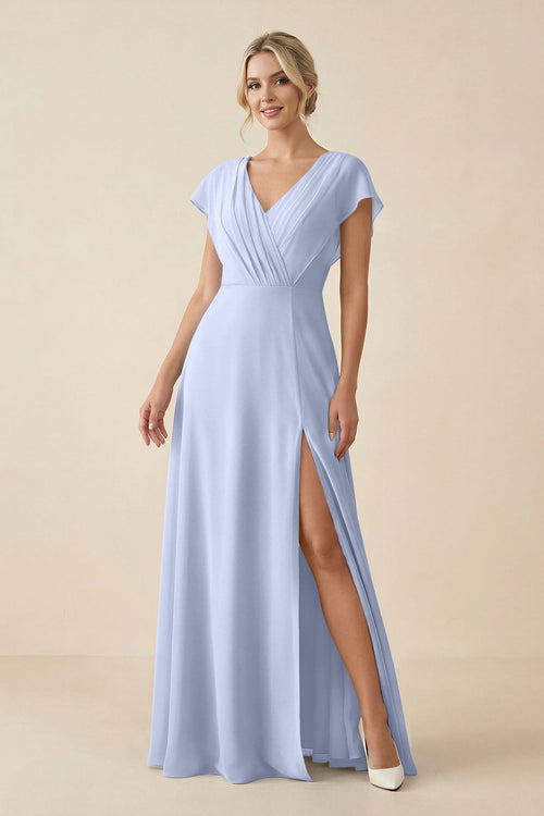 V - Neck Cap Sleeve Chiffon Bridesmaid Dress with Cut - out Back in Ice - KissProm Bridesmaid Dresses