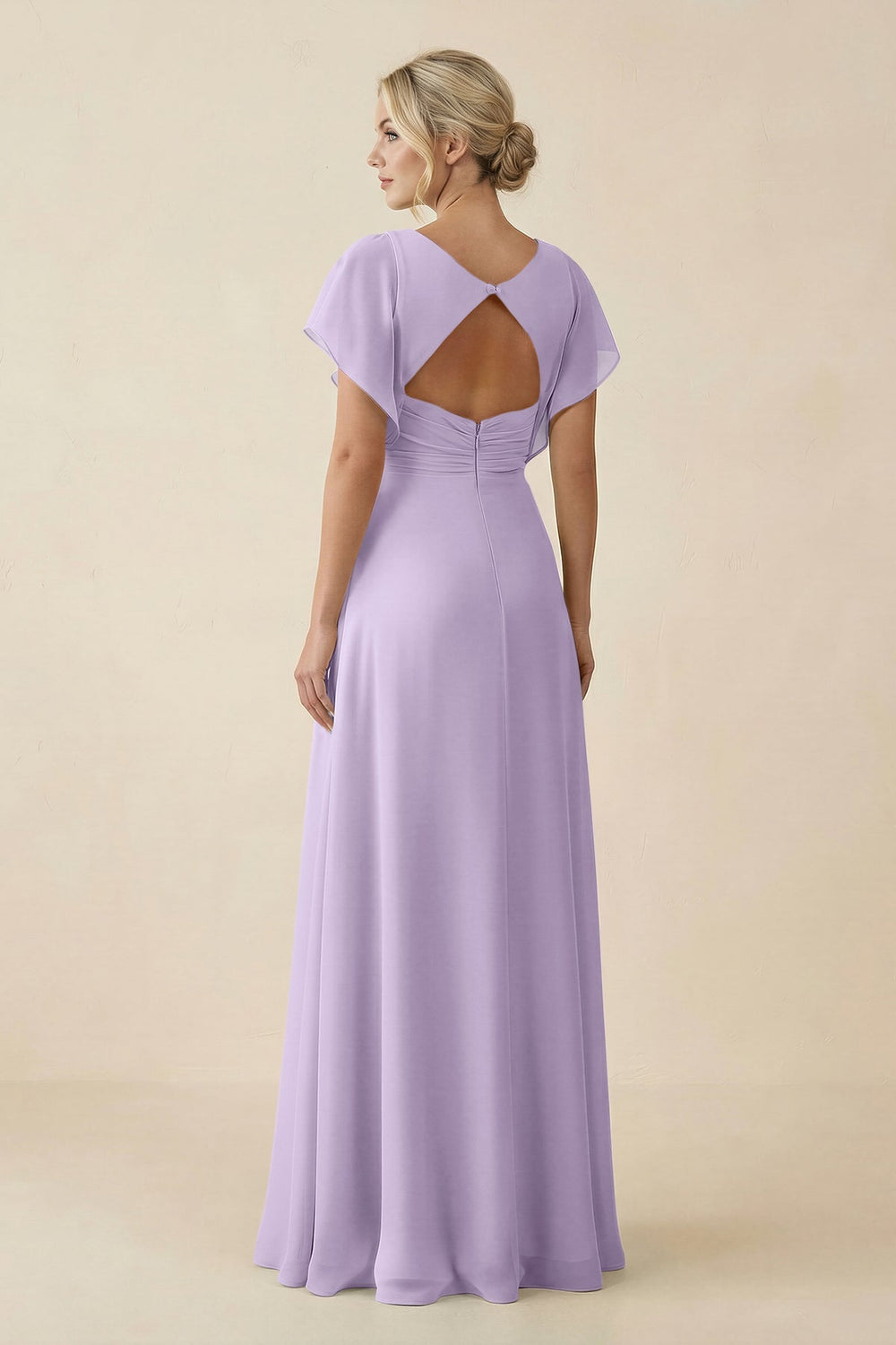 V - Neck Cap Sleeve Chiffon Bridesmaid Dress with Cut - out Back in Lavender - KissProm Bridesmaid Dresses