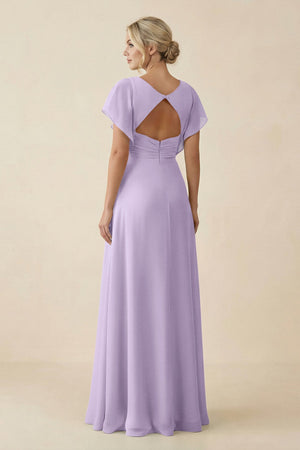 V - Neck Cap Sleeve Chiffon Bridesmaid Dress with Cut - out Back in Lavender - KissProm Bridesmaid Dresses