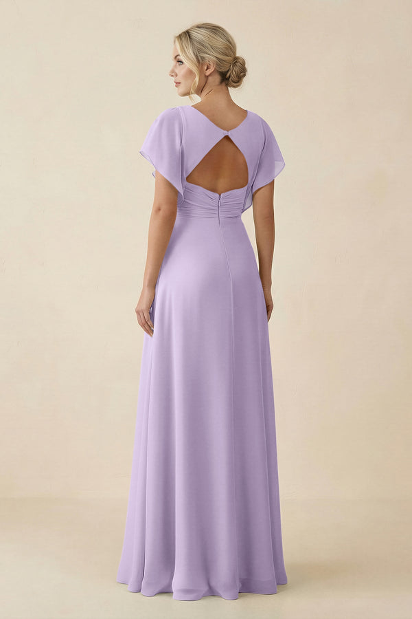 V - Neck Cap Sleeve Chiffon Bridesmaid Dress with Cut - out Back in Lavender - KissProm Bridesmaid Dresses
