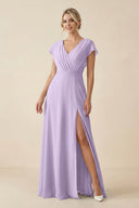 V - Neck Cap Sleeve Chiffon Bridesmaid Dress with Cut - out Back in Lavender - KissProm Bridesmaid Dresses