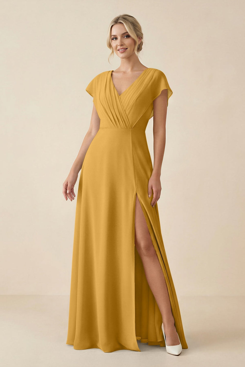 V - Neck Cap Sleeve Chiffon Bridesmaid Dress with Cut - out Back in Marigold - KissProm Bridesmaid Dresses