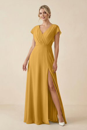 V - Neck Cap Sleeve Chiffon Bridesmaid Dress with Cut - out Back in Marigold - KissProm Bridesmaid Dresses