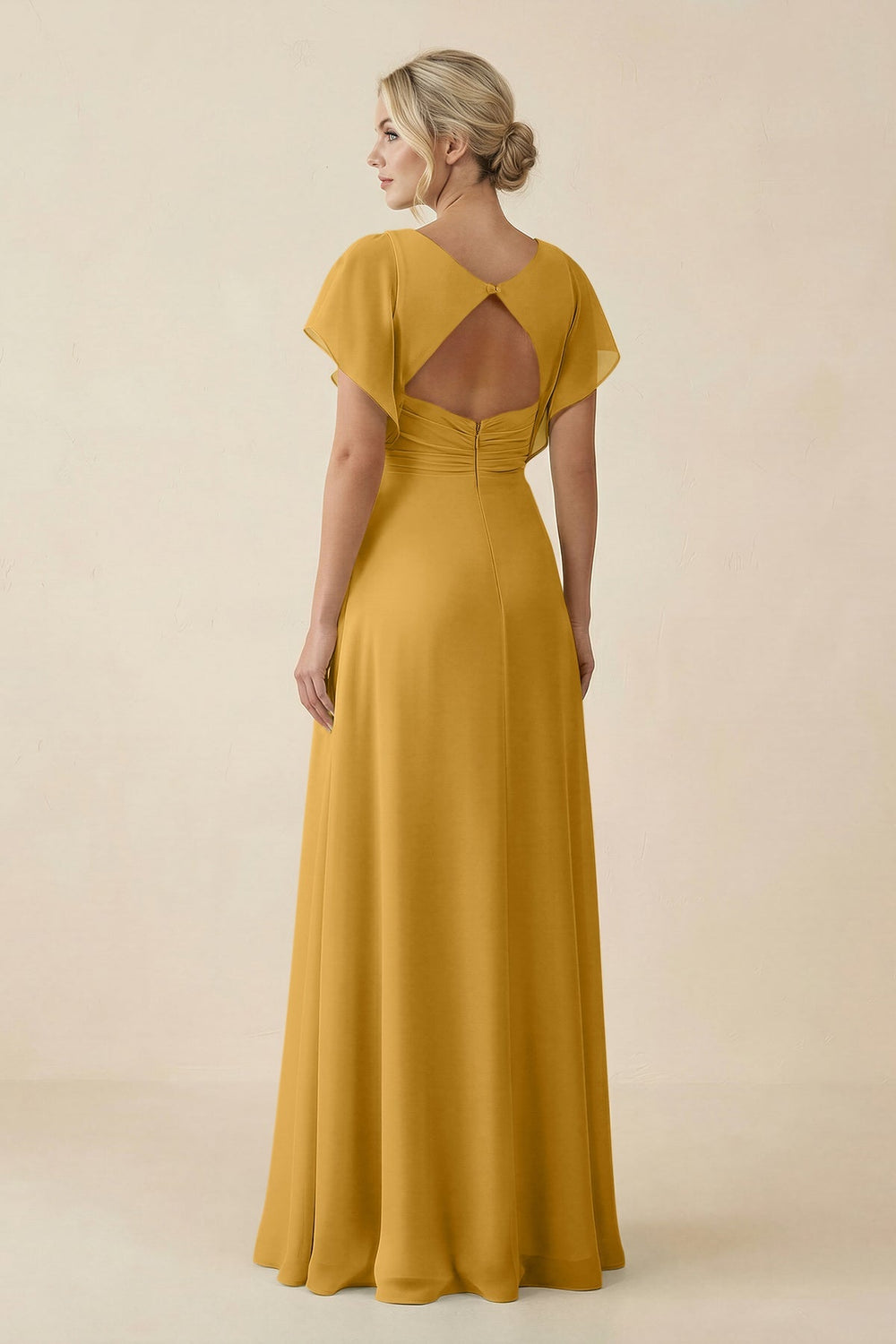 V - Neck Cap Sleeve Chiffon Bridesmaid Dress with Cut - out Back in Marigold - KissProm Bridesmaid Dresses