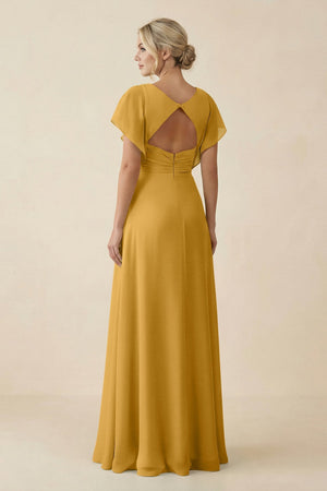 V - Neck Cap Sleeve Chiffon Bridesmaid Dress with Cut - out Back in Marigold - KissProm Bridesmaid Dresses