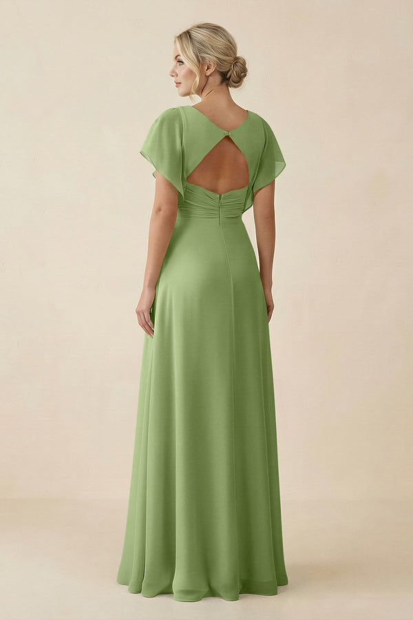 KissProm V-Neck Cap Sleeve Chiffon Bridesmaid Dress with Cut-out Back in Matcha, Matcha / 24