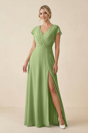 V - Neck Cap Sleeve Chiffon Bridesmaid Dress with Cut - out Back in Matcha - KissProm Bridesmaid Dresses