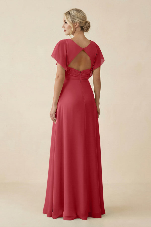V - Neck Cap Sleeve Chiffon Bridesmaid Dress with Cut - out Back in Merlot - KissProm Bridesmaid Dresses