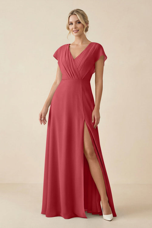 KissProm V-Neck Cap Sleeve Chiffon Bridesmaid Dress with Cut-out Back in Merlot, Merlot / 4