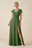 V - Neck Cap Sleeve Chiffon Bridesmaid Dress with Cut - out Back in Moss - KissProm Bridesmaid Dresses