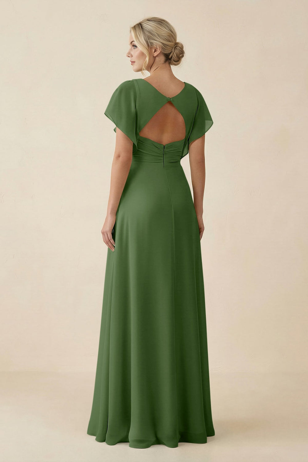 V - Neck Cap Sleeve Chiffon Bridesmaid Dress with Cut - out Back in Moss - KissProm Bridesmaid Dresses