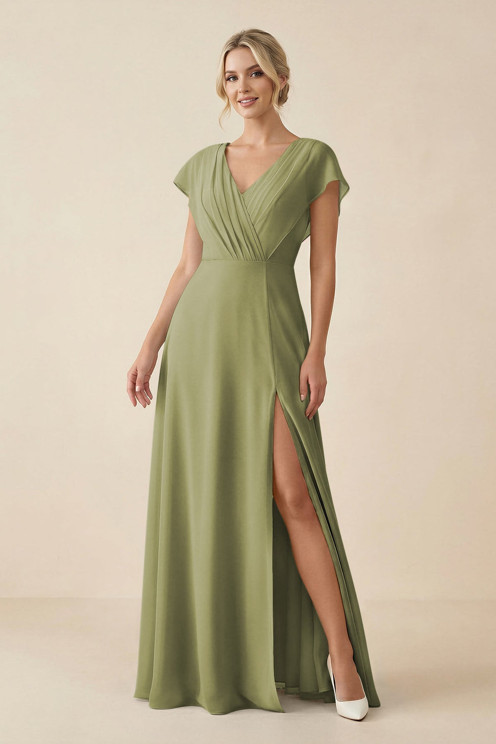 V - Neck Cap Sleeve Chiffon Bridesmaid Dress with Cut - out Back in Moss Green - KissProm Bridesmaid Dresses