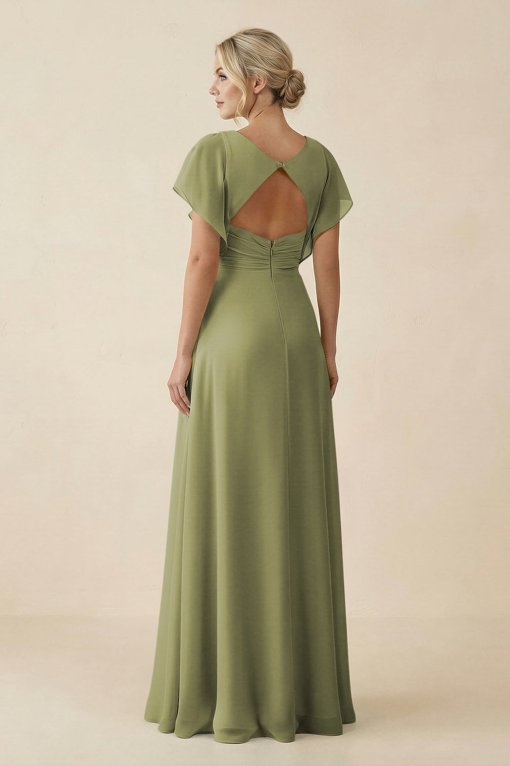V - Neck Cap Sleeve Chiffon Bridesmaid Dress with Cut - out Back in Moss Green - KissProm Bridesmaid Dresses