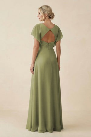 V - Neck Cap Sleeve Chiffon Bridesmaid Dress with Cut - out Back in Moss Green - KissProm Bridesmaid Dresses