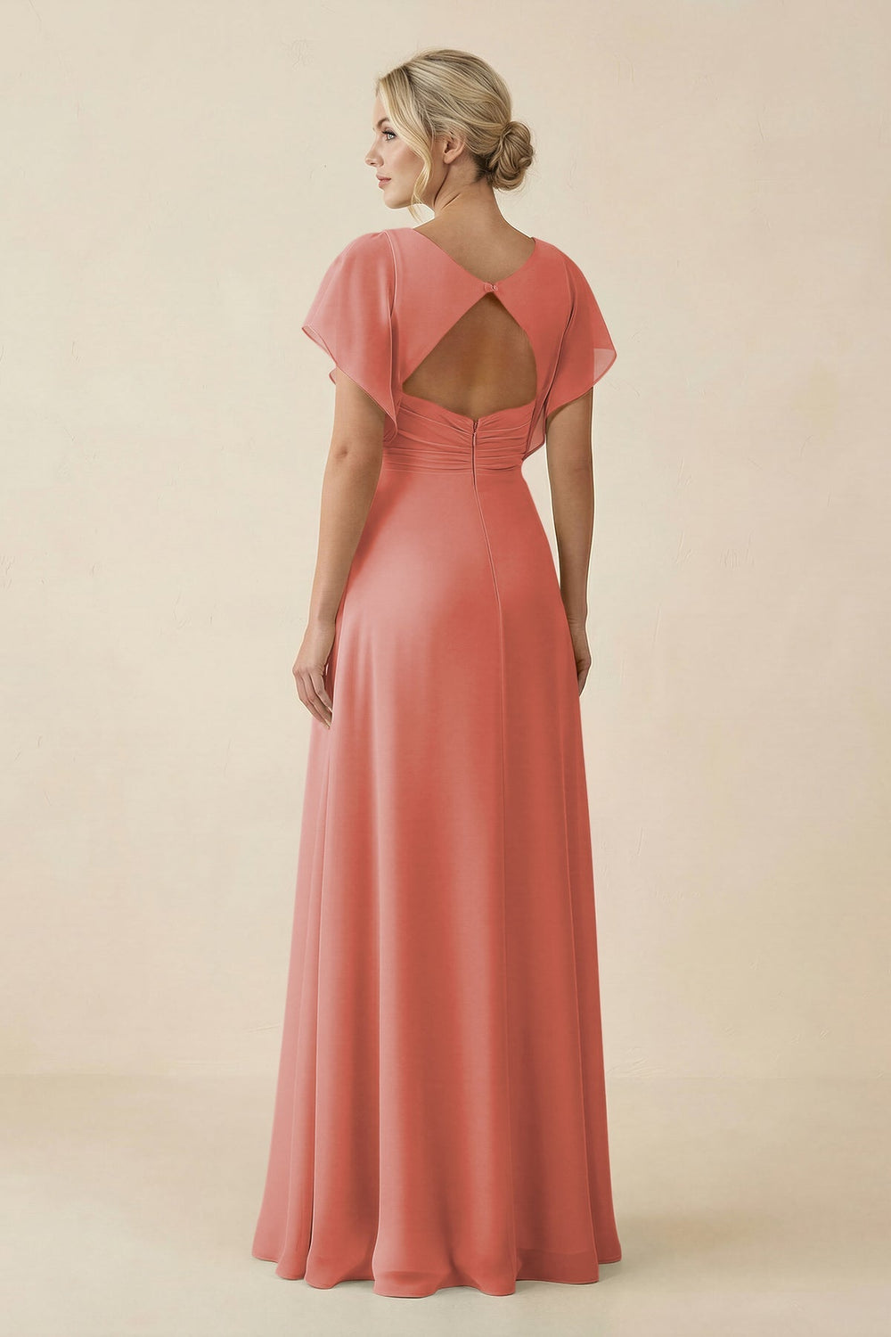 V - Neck Cap Sleeve Chiffon Bridesmaid Dress with Cut - out Back in Mulberry - KissProm Bridesmaid Dresses