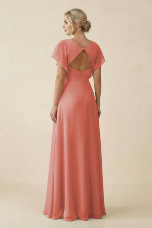 V - Neck Cap Sleeve Chiffon Bridesmaid Dress with Cut - out Back in Mulberry - KissProm Bridesmaid Dresses