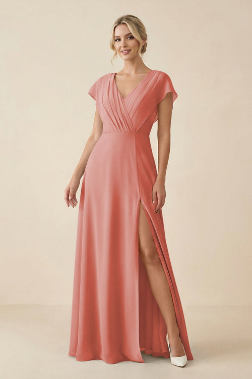 KissProm V-Neck Cap Sleeve Chiffon Bridesmaid Dress with Cut-out Back in Mulberry, Mulberry / 26