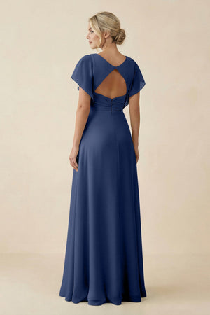 V - Neck Cap Sleeve Chiffon Bridesmaid Dress with Cut - out Back in Navy - KissProm Bridesmaid Dresses