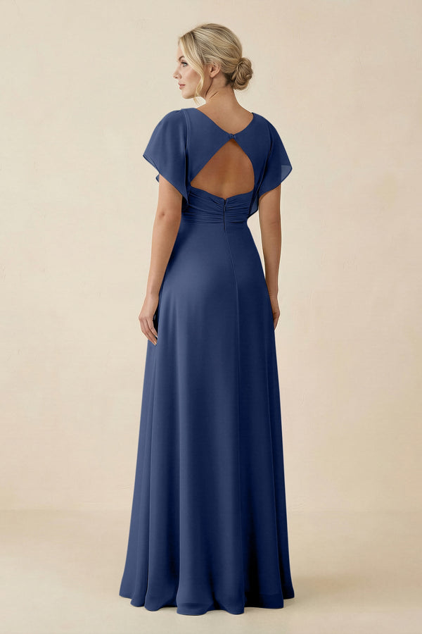 V - Neck Cap Sleeve Chiffon Bridesmaid Dress with Cut - out Back in Navy - KissProm Bridesmaid Dresses