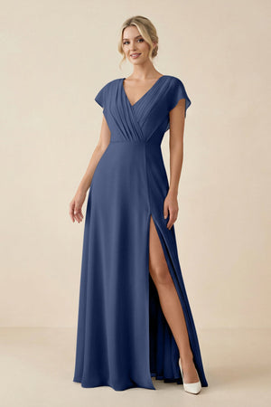 V - Neck Cap Sleeve Chiffon Bridesmaid Dress with Cut - out Back in Navy - KissProm Bridesmaid Dresses