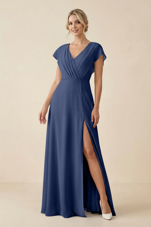 V - Neck Cap Sleeve Chiffon Bridesmaid Dress with Cut - out Back in Navy - KissProm Bridesmaid Dresses