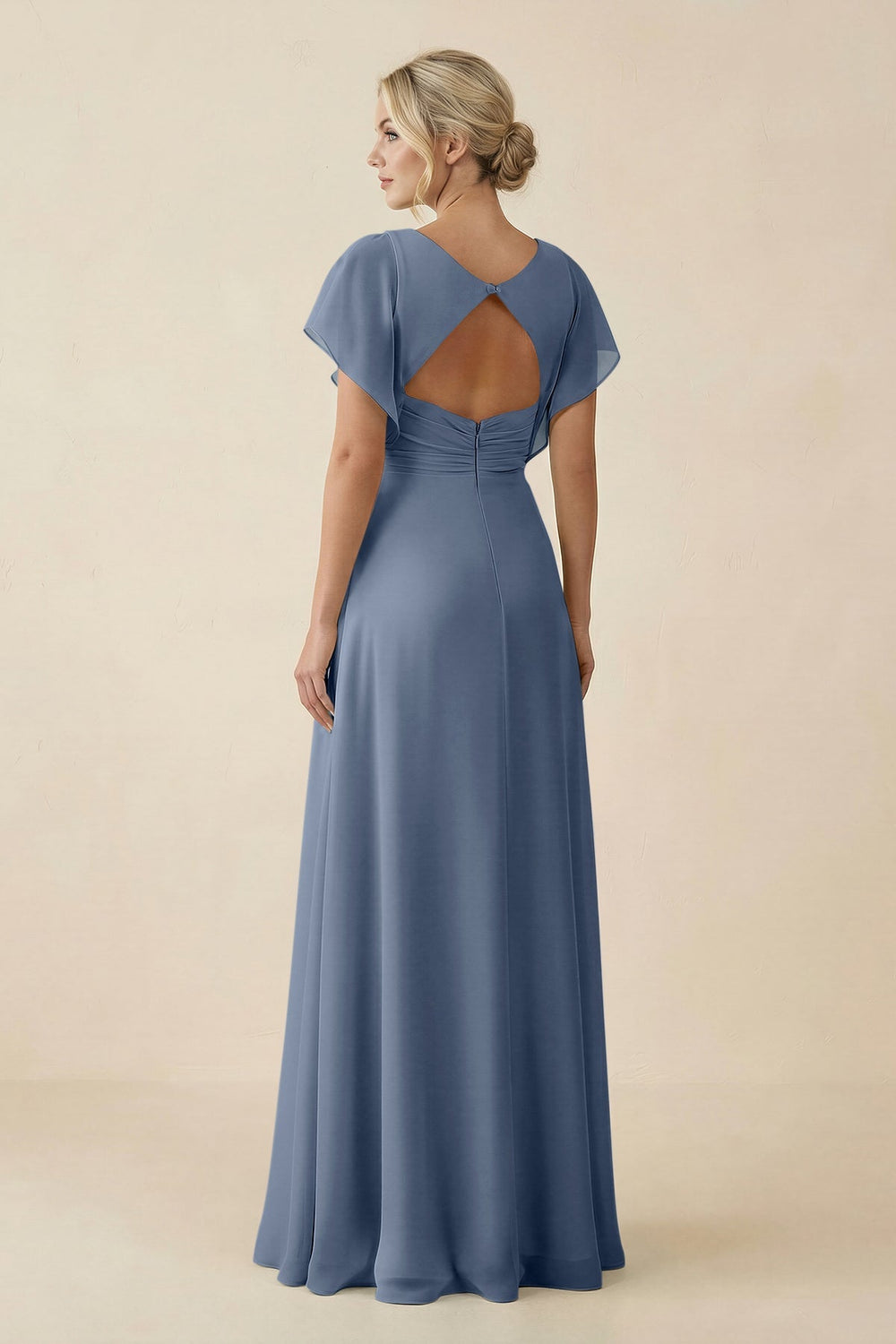V - Neck Cap Sleeve Chiffon Bridesmaid Dress with Cut - out Back in Neptune - KissProm Bridesmaid Dresses