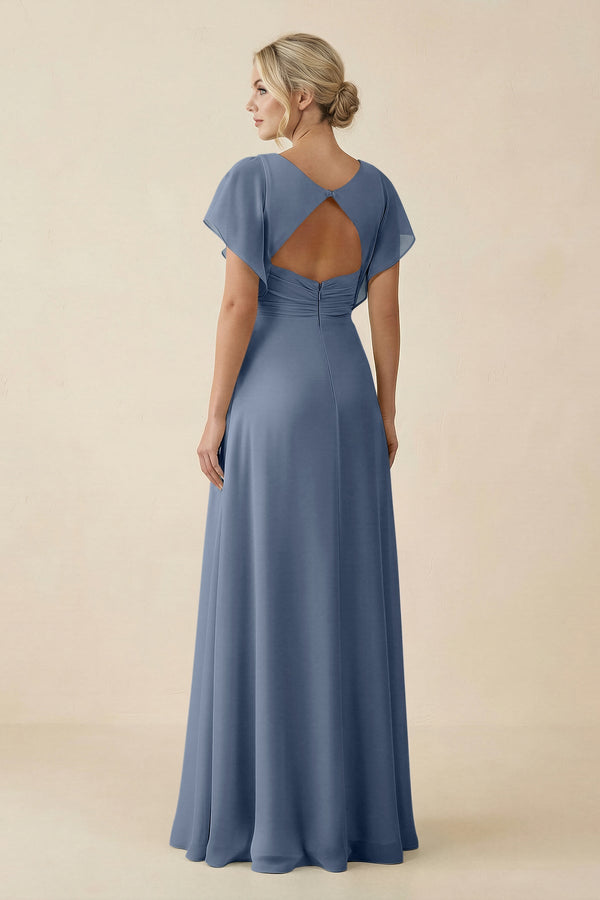V - Neck Cap Sleeve Chiffon Bridesmaid Dress with Cut - out Back in Neptune - KissProm Bridesmaid Dresses