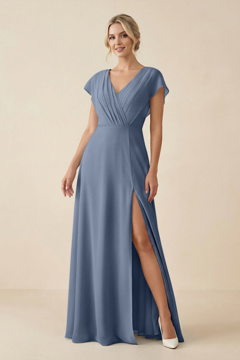 V - Neck Cap Sleeve Chiffon Bridesmaid Dress with Cut - out Back in Neptune - KissProm Bridesmaid Dresses