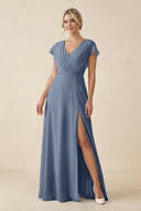 V - Neck Cap Sleeve Chiffon Bridesmaid Dress with Cut - out Back in Neptune - KissProm Bridesmaid Dresses