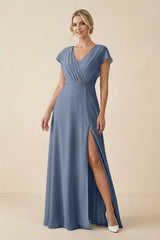 V - Neck Cap Sleeve Chiffon Bridesmaid Dress with Cut - out Back in Neptune - KissProm Bridesmaid Dresses