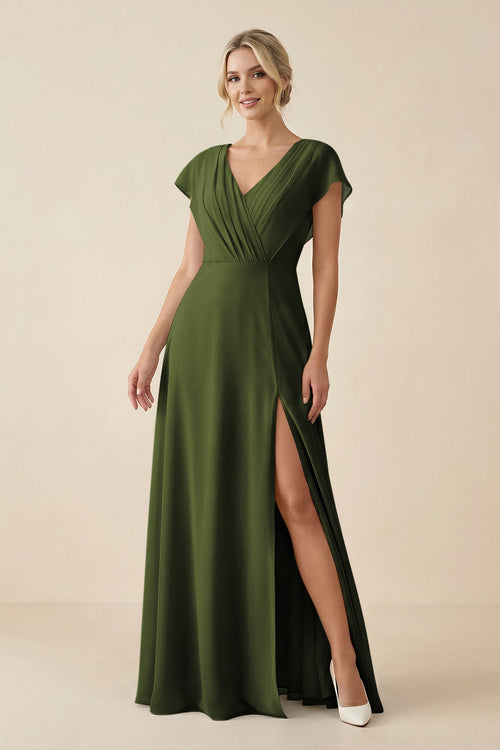 KissProm V-Neck Cap Sleeve Chiffon Bridesmaid Dress with Cut-out Back in Olive, Olive / 20