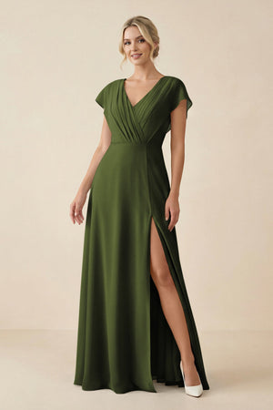 V - Neck Cap Sleeve Chiffon Bridesmaid Dress with Cut - out Back in Olive - KissProm Bridesmaid Dresses