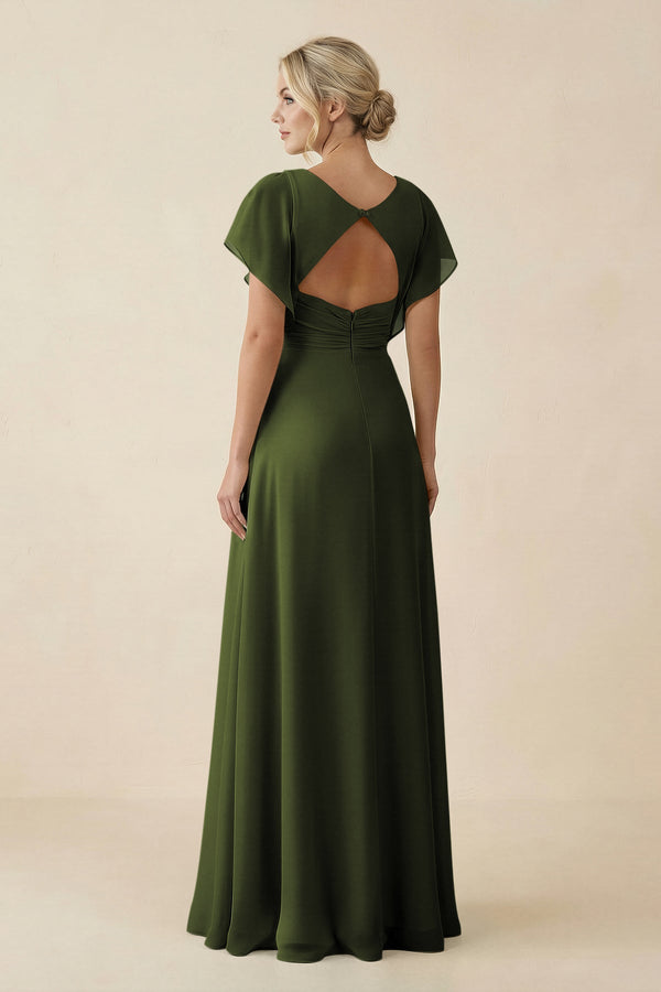 V - Neck Cap Sleeve Chiffon Bridesmaid Dress with Cut - out Back in Olive - KissProm Bridesmaid Dresses