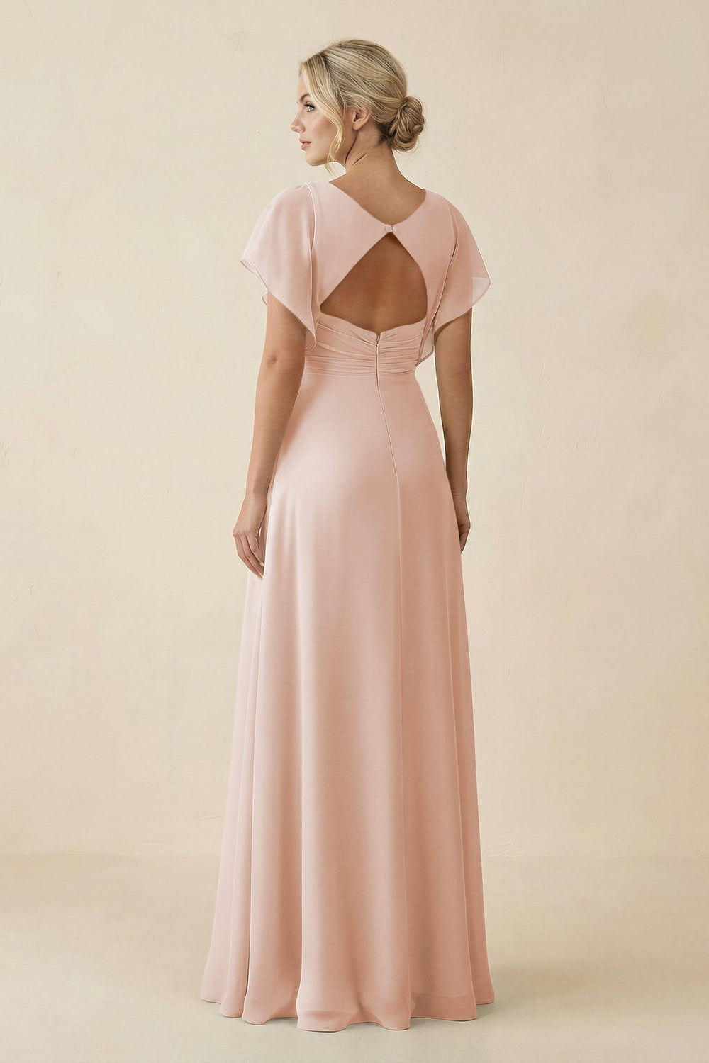 V - Neck Cap Sleeve Chiffon Bridesmaid Dress with Cut - out Back in Pale Blush - KissProm Bridesmaid Dresses