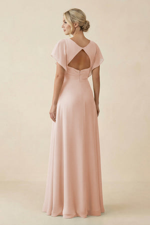 V - Neck Cap Sleeve Chiffon Bridesmaid Dress with Cut - out Back in Pale Blush - KissProm Bridesmaid Dresses