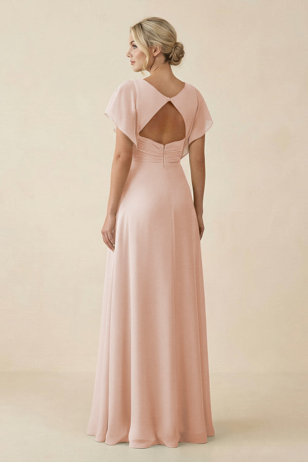 V - Neck Cap Sleeve Chiffon Bridesmaid Dress with Cut - out Back in Pale Blush - KissProm Bridesmaid Dresses
