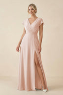 V - Neck Cap Sleeve Chiffon Bridesmaid Dress with Cut - out Back in Pale Blush - KissProm Bridesmaid Dresses