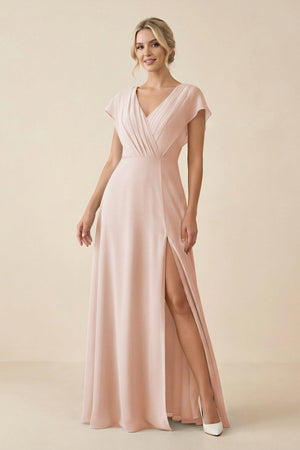 V - Neck Cap Sleeve Chiffon Bridesmaid Dress with Cut - out Back in Pale Blush - KissProm Bridesmaid Dresses